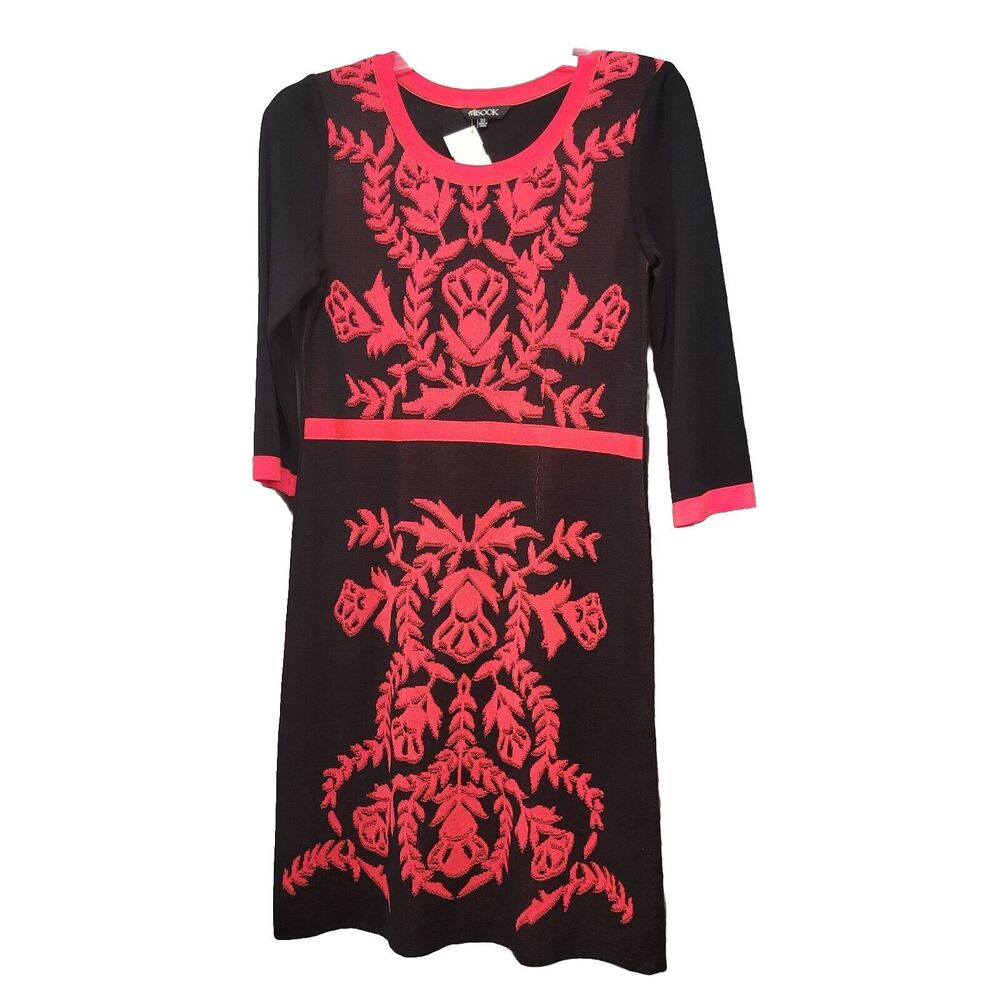 Misook Dress Womens XS Shift Black Red Floral Pull‎ On Fashion Knit Sweaterdress